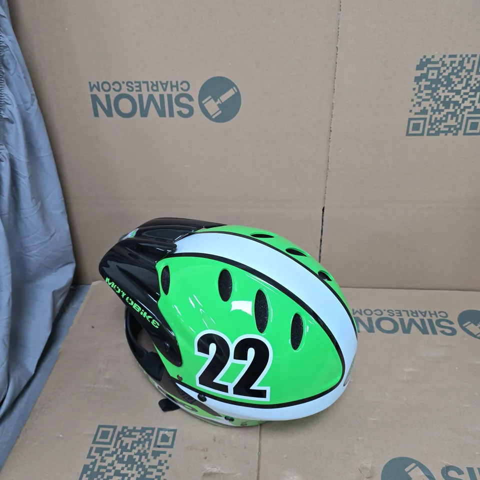 FULL-FACE MOTORCYCLE HELMET IN NEON GREEN AND BLACK WITH NUMBER 22