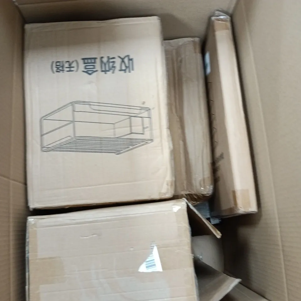 BOX OF APPROXIMATELY 10 ASSORTED ITEMS INCLUDING CLOTHES HANGERS, DIVCHI GREY CLASSIC BIRD BATH AND AN ACRYLIC DRAWER BOX