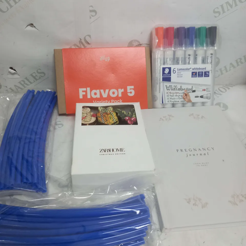 BOX OF APPROXIMATELY 15 ASSORTED COSMETIC ITEMS TO INCLUDE - WHITEBOARD PENS, AIR UP FLAVOUR, PREGNANCY JOURNAL ETC