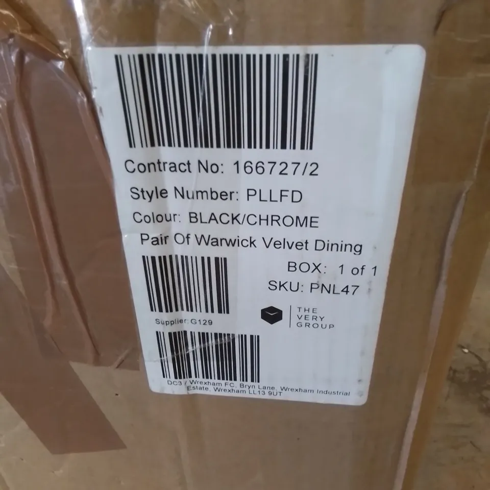 BOXED PAIR OF WARWICK VELVET DINING CHAIRS - BLACK/CHROME (1 BOX)