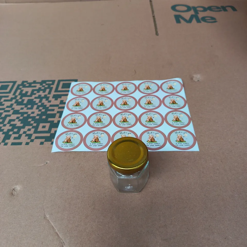 BOX OF APPROXIMATELY 55 MINI HONEY JARS WITH WINNIE THE POOH STICKERS