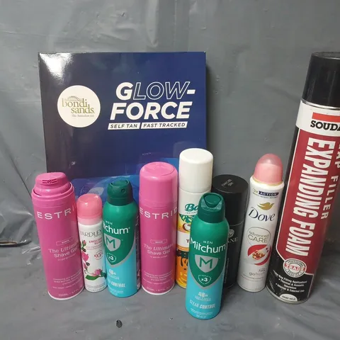 APPROXIMATELY 12 ASSORTED AEROSOLS TO INCLUDE SOUDAL GAP FILLER, MITCHUM CLEAN CONTROL, GLOWFORCE SELF TAN, ETC - COLLECTION ONLY