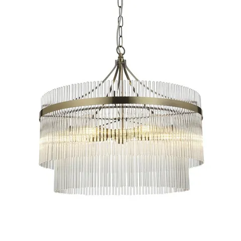 BOXED MARIETTA 5 LIGHT PENDANT ANTIQUE BRASS PLATE AND CLEAR GLASS