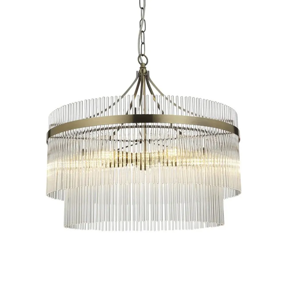 BOXED MARIETTA 5 LIGHT PENDANT ANTIQUE BRASS PLATE AND CLEAR GLASS
