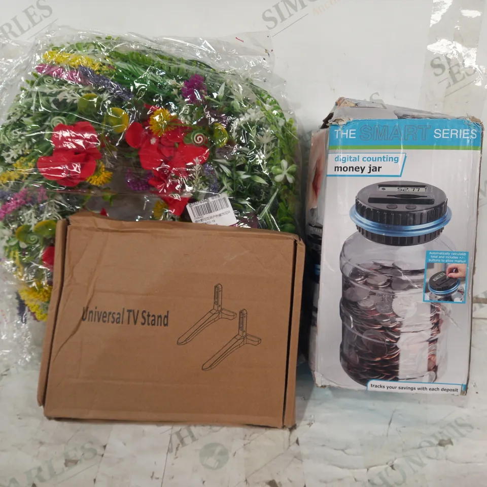 BOX OF APPROXIMATELY 15 ASSORTED HOUSEHOLD ITEMS TO INCLUDE UNIVERSAL TV STAND, DIGITAL COUNTING MONEY JAR, DECORATIVE FLORAL WREATH, ETC