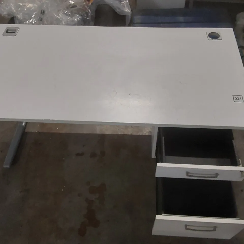 WHITE WOODEN DESK WITH METAL LEGS AND 2 DRAWERS 