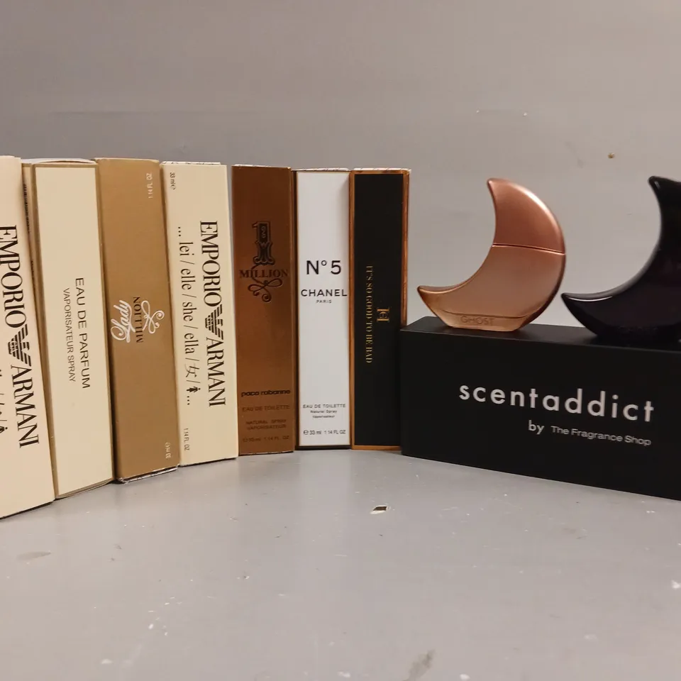 BOX OF 10 UNBOXED ASSORTED FRAGRANCES TO INCLUDE CHANEL NO5 DEMONSTRATION TESTER, EMPORIO ARMANI DEMONSTRATION TESTER AND GHOST ETC