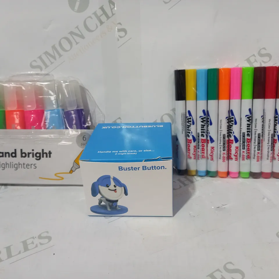 LOT OF APPROXIMATELY 10 ASSORTED HOUSEHOLD ITEMS TO INCLUDE WHITEBOARD MARKERS, BUSTER BUTTON, BROAD HIGHLIGHTERS, ETC