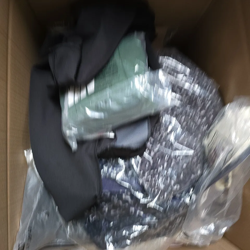 LARGE BOX OF APPROXIMATELY 25 ASSORTED CLOTHING ITEMS IN VARIOUS COLOURS, STYLES AND SIZES - COLLECTION ONLY