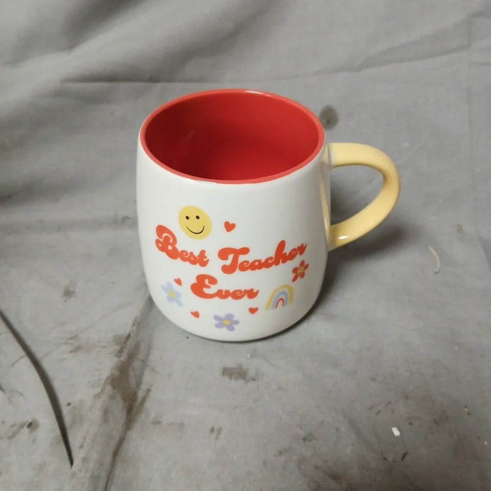 BOX OF APPROXIMATELY 10 BEST TEACHER EVER MUGS – (CERAMIC, WHITE WITH RED INTERIOR & YELLOW HANDLE) - COLLECTION ONLY 