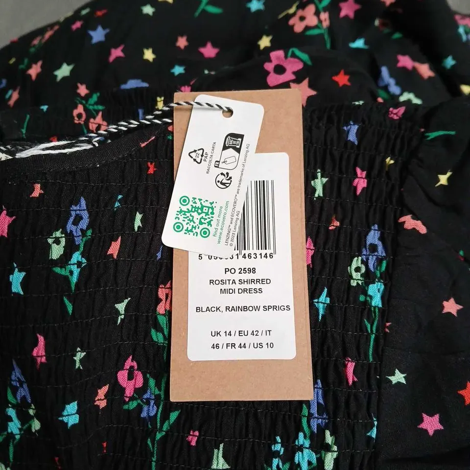 SUGARHILL BRIGHTON ROSA SHIRRED MIDI DRESS – BLACK WITH RAINBOW SPRIGS, UK 14