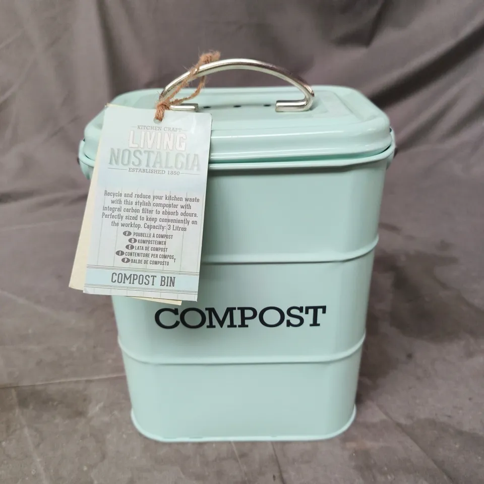 LIVING NOSTALGIA COMPOST BIN – MINT GREEN METAL WITH LID AND HANDLE