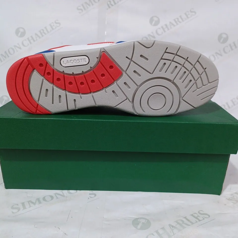 BOXED PAIR OF LACOSTE SHOES IN WHITE/BLUE/RED UK SIZE 10