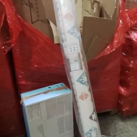 PALLET OF ASSORTED HOUSEHOLD GOODS AND PRODUCTS TO INCLUDE;FAN,AREA RUG,SADDLE PAD