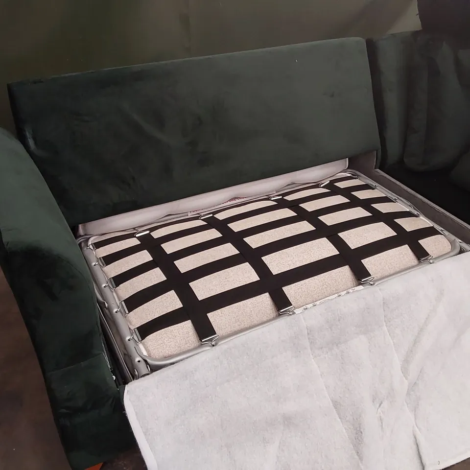 QUALITY DESIGNER GREEN VELVET UPHOLSTERED CORNER SOFA BED - MISSING CUSHIONS