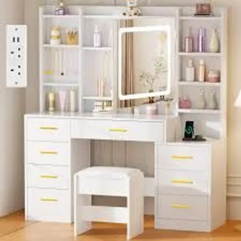 BOXED BEWISHOME DRESSING TABLE WITH MIRROR AND LIGHTS,ADJUSTABLE BRIGHTNESS, VANITY DESK WITH POWER OUTLET AND STOOL,MODERN VANITY TABLE WITH 8 DRAWERS AND 9 STORAGE AREAS,MAKEUP DESK FOR BEDROOM