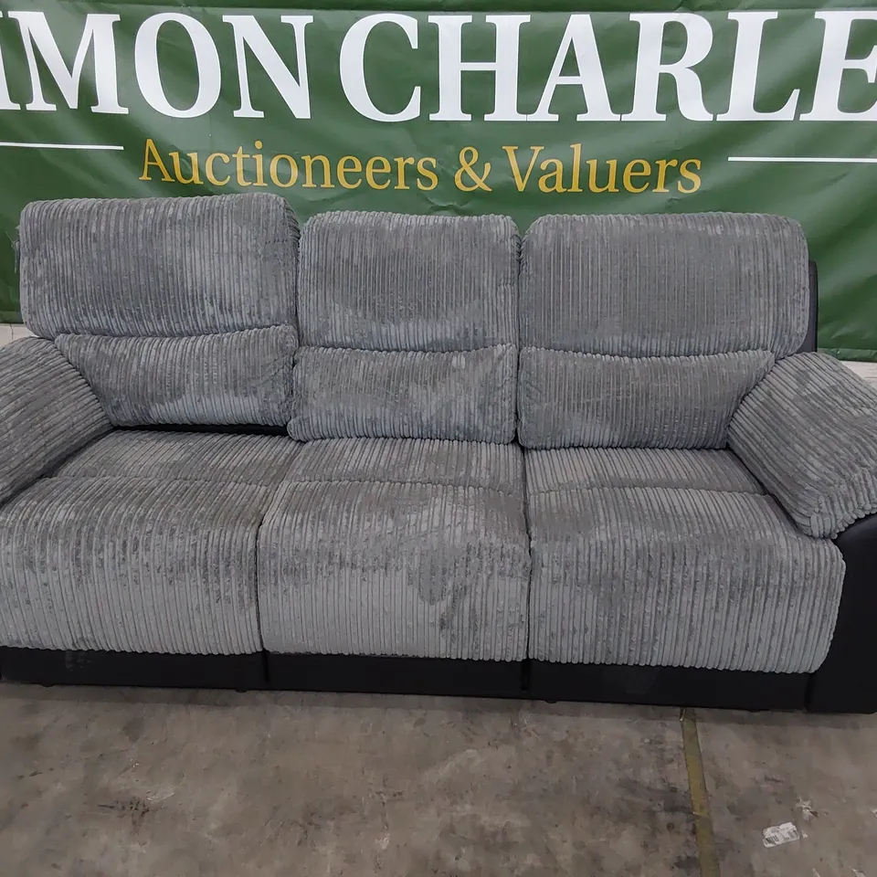 DESIGNER SIENNA MANUAL RECLINING THREE SEATER SOFA BLACK FAUX LEATHER & GREY JUMBO CHORD