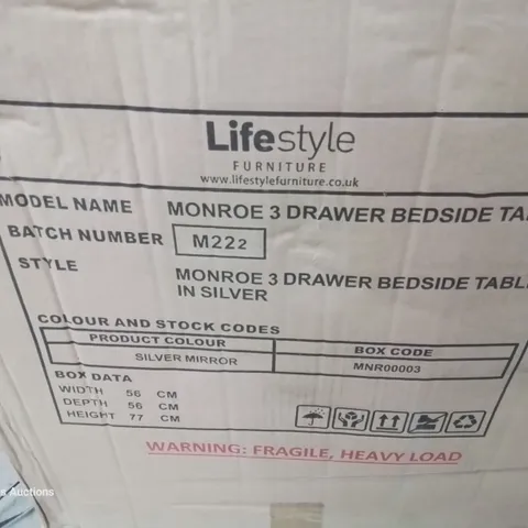 BOXED MONROE 3 DRAWER BEDSIDE TABLE SILVER