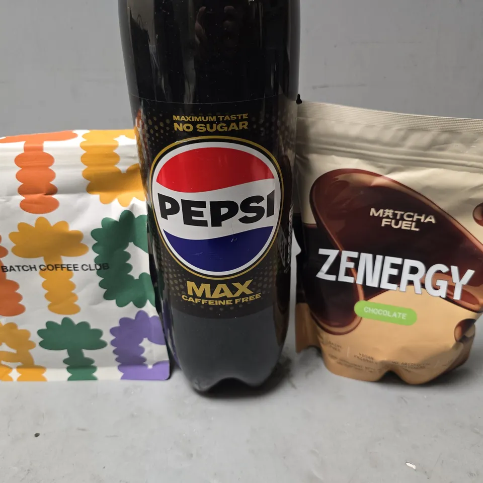 APPROXIMATELY 6 ASSORTED FOOD & DRINK ITEMS TO INCLUDE - PEPSI MAX CAFFEINE FREE , ZENERGY CHOCOLATE MATCHA FUEL ETC
