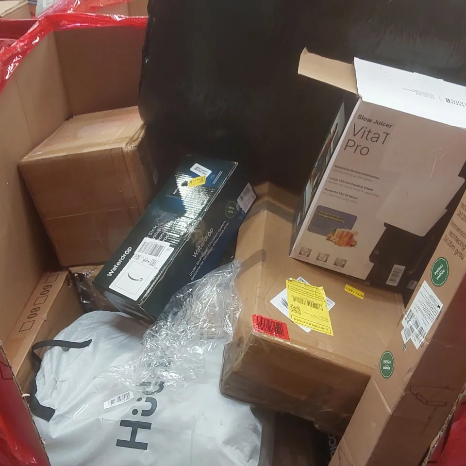 PALLET CONTAINING A LARGE QUANTITY OF ASSORTED ITEMS INCLUDING: SLOW JUICER, PARASOL, WATERDROP UNDER SINK FILTRATION SYSTEM ECT