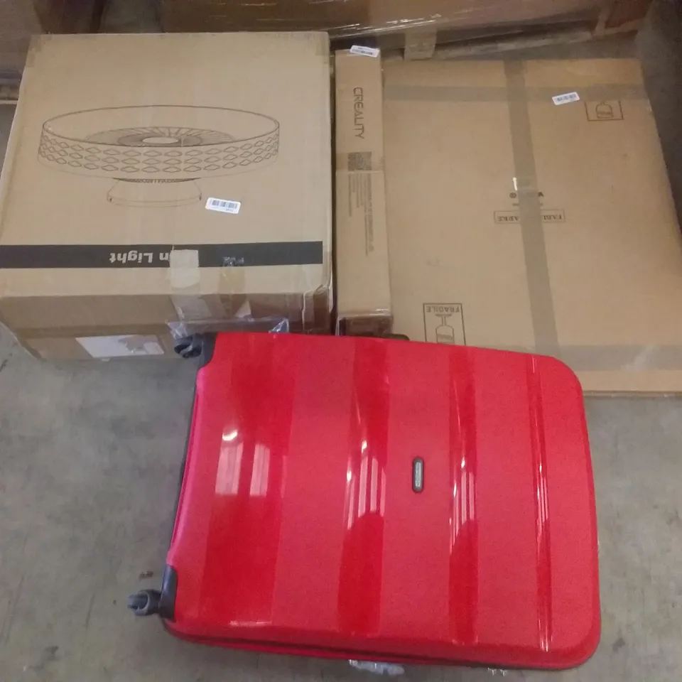 PALLET OF ASSORTED ITEMS INCLUDING FAN LIGHT, AMERICAN TOURIESTER RED LUGGAGE BAG, HOMIDEC CLOTHES RACK, DAYSTAR FOLDING TANNING LOUNGE CHAIR, WOLFWISE TELESCOPING LADDER, MH LONDON ROMBASS BAR STOOL