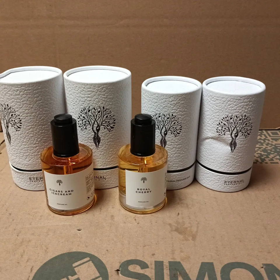 LOT OF 4 ASSORTED ETERNAL PERFUME OILS TO INCLUDE ROYAL CHERRY AND CIGARS & ICE CREAM - 2 SIZES