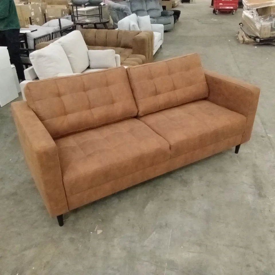 JODI 3 SEATER FAUX LEATHER UPHOLSTERED MODERN RETRO FABRIC SOFA - TAN