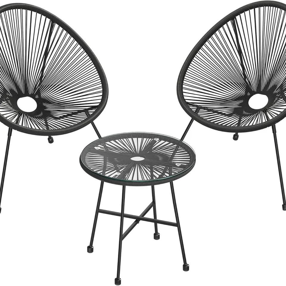 BOXED SONGMICS GARDEN PATIO FURNITURE SET 3 PIECES, GLASS TOP TABLE AND 2 CHAIT, BLACK