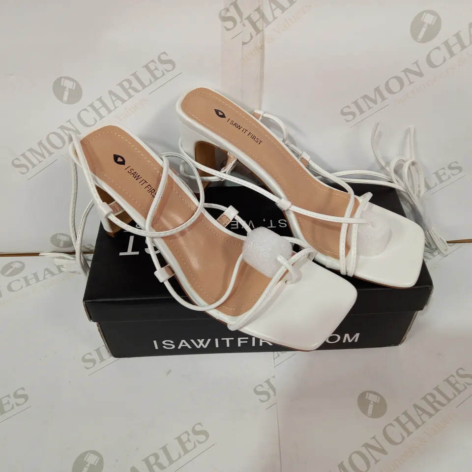 BOXED PAIR OF I WAS IT FIRST WHITE HIGH HEELS SIZE 5
