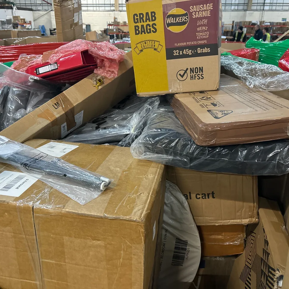 PALLET OF ASSORTED CONSUMER PRODUCTS TO INCLUDE: AIR COOLER, CLOTHES DRYING RACK, ROLLER BLIND, RETRACTABLE BABY GATE, BACKPACKS, TOILET SEAT ECT