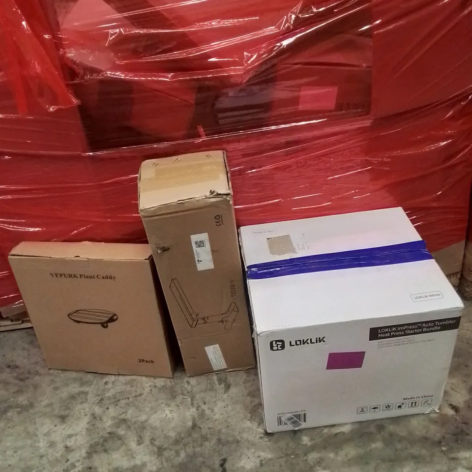 PALLET OF ASSORTED HOUSEHOLD GOODS AND PRODUCTS TO INCLUDE;HEAT PRESS BUNDLE,LADDER EXTENDER,PLANT CANDY 