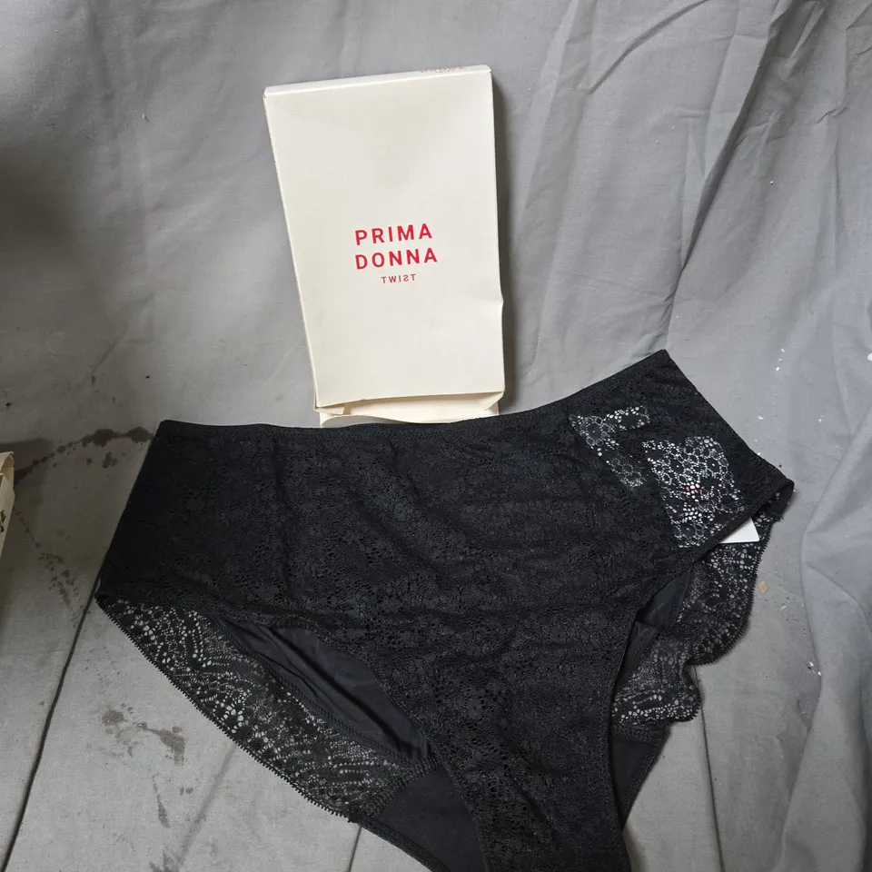 BOX OF APPROXIMATELY 20 ASSORTED CLOTHING ITEMS INCLUDING  PRIMA DONNA TWIST BRIEFS , ICONIQUE PATTERNED TOP, GORSENIA  BEIGE LACE BRIEFS AND ROEA ERII TOP 