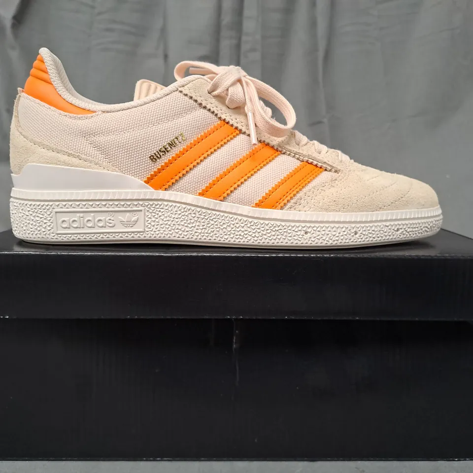 BOXED PAIR OF ADIDAS BUSENITZ SHOES IN SAND/ORANGE UK SIZE 6