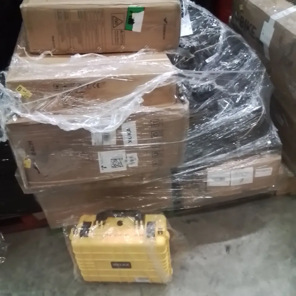 PALLET OF ASSORTED HOUSEHOLD GOODS AND PRODUCTS TO INCLUDE;MEIJA TOOL BOX,ROWING MACHINE,TREADMILL