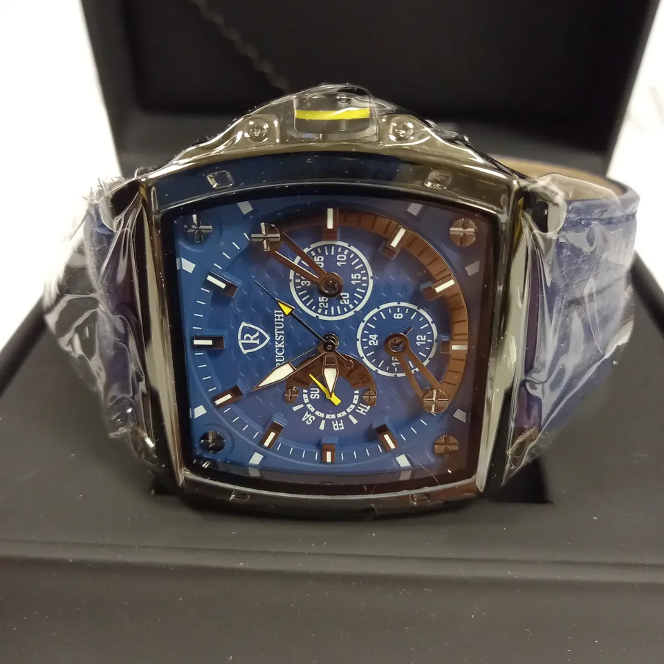 MENS RUCKSTUHL R300 CHRONOGRAPH WATCH- BLUE MULTIFUNCTIONAL DIAL- BLACK CASE- GENUINE LEATHER STRAP- WATER RESISTANT