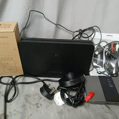 APPROXIMATELY 12 ASSORTED HOUSEHOLD ITEMS TO INCLUDE WIRELESS REPEATER, CABLES, ROUTERS, ETC