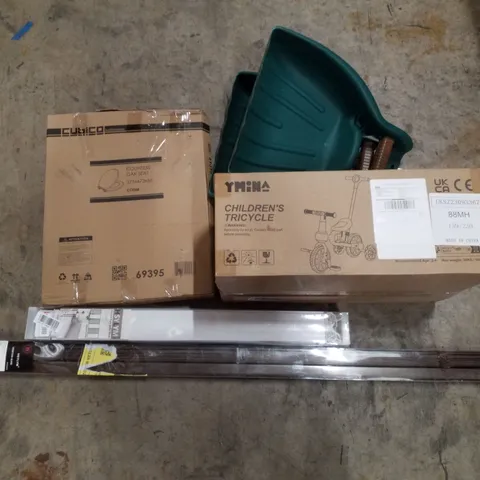 PALLET CONTAINING ASSORTED PRODUCTS INCLUDING LEAF SCOPES, CHILDRENS TRICYCLE, VENETIAN BLIND, ROLLER BLIND & TOILET SEAT