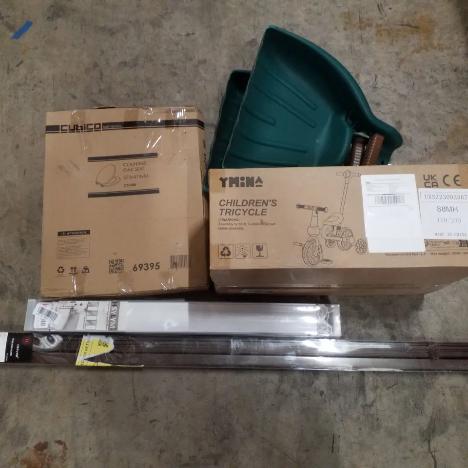 PALLET CONTAINING ASSORTED PRODUCTS INCLUDING LEAF SCOPES, CHILDRENS TRICYCLE, VENETIAN BLIND, ROLLER BLIND & TOILET SEAT