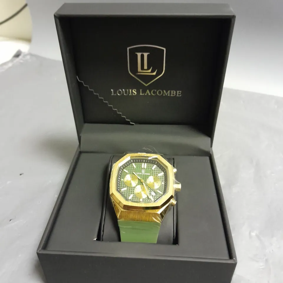 MENS LOUIS LACOMBE CHRONGRAPH WATCH WITH 3 SUB DIALS GOLD COLOUR CASE AND GREEN RUBBER STRAP
