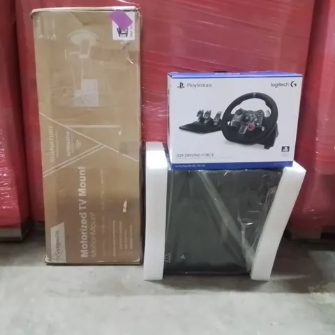 PALLET OF ASSORTED HOUSEHOLD GOODS AND PRODUCTS TO INCLUDE;LOGITECH G29,COMPUTER CASE,MOTORISED TV MOUNT