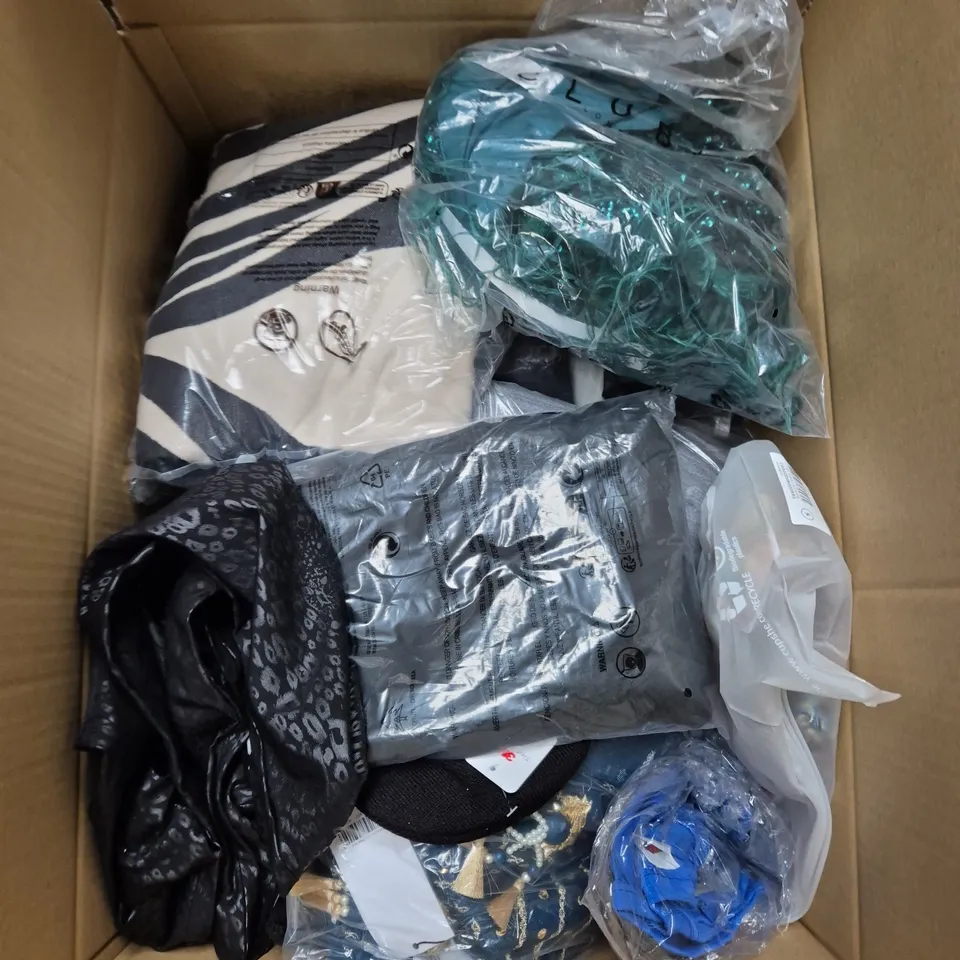 LARGE BOX OF ASSORTED CLOTHING ITEMS IN VARIOUS SIZES, STYLES AND COLOUR 