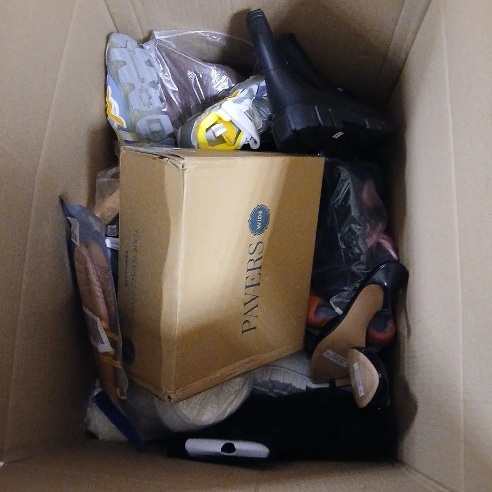 BOX OF APPROXIMATELY 12 PAIRS OF ASSORTED SHOES IN VARIOUS COLOUR, STYLES AND SIZES