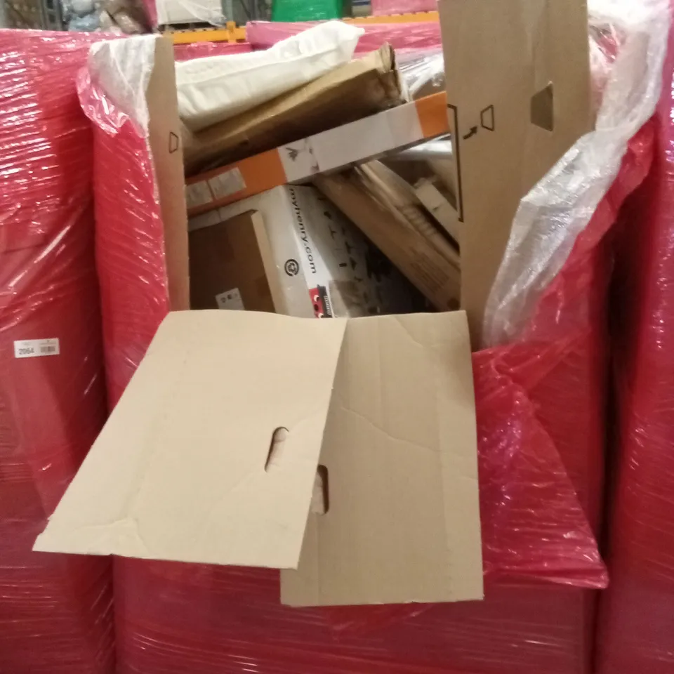 PALLET OF ASSORTED HOUSEHOLD GOODS AND PRODUCTS TO INCLUDE; PLATFORM TROLLEY, SUITCASE ETC