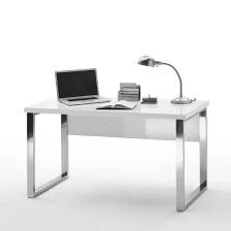 BRAND NEW BOXED SYDNEY OFFICE DESK IN HIGH GLOSS WHITE AND CHROME FRAME (1 BOX)