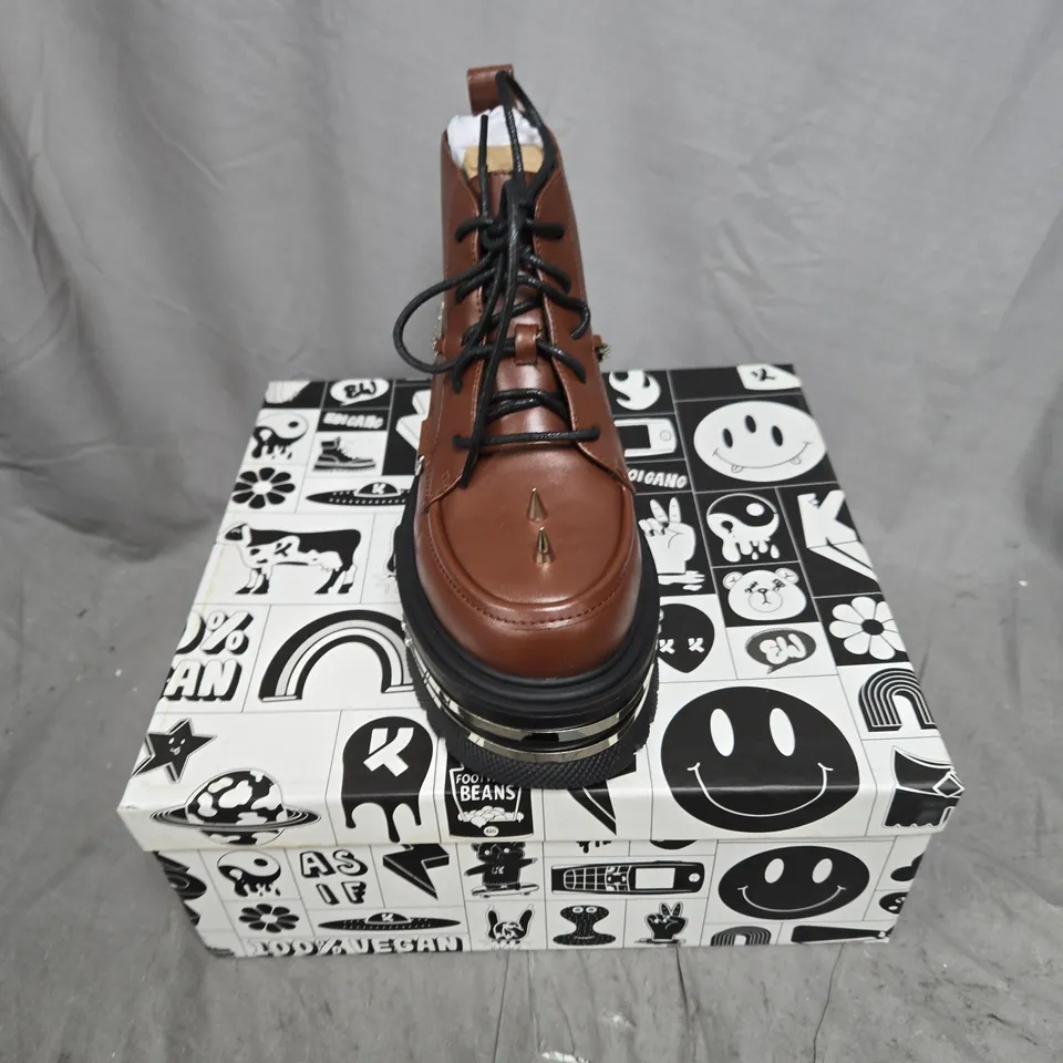 BOXED PAIR OF KOI THE SILENCE PLATFORM GRUNGE BOOTS IN BROWN - UK 4
