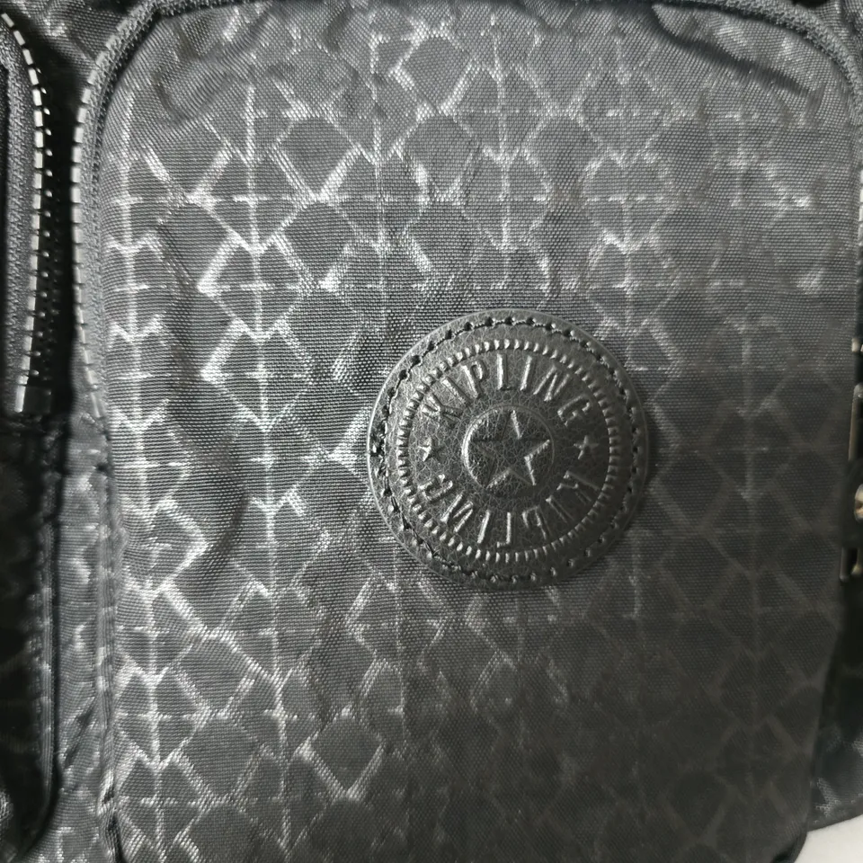 KIPLING CROSSBODY BAG – MONOGRAM PATTERN, BLACK/GRAY WITH MONKEY CHARM