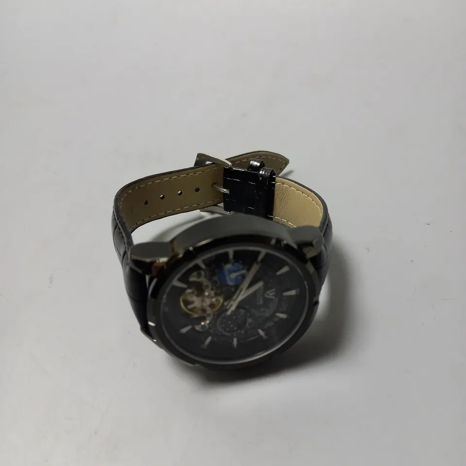 MENS WILLIAM JOURDAIN AUTOMATIC 2580 WATCH – OPEN HEART MOVEMENT WITH SUB DIALS – GLASS EXHIBITION BACK CASE – BLACK GENUINE LEATHER STRAP