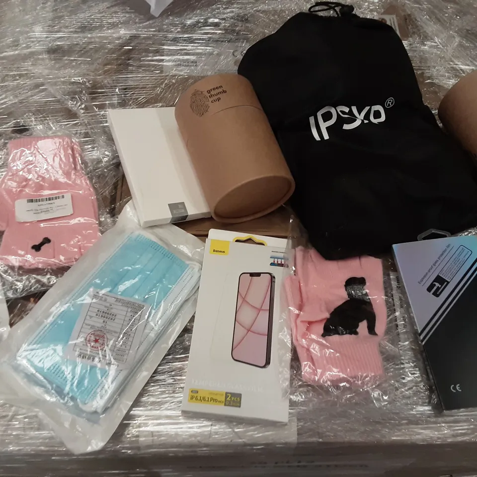 PALLET OF ASSORTED PRODUCTS INCLUDING TEMPERED GLASS FILM FOR PHONE, GREEN THUMB CUP, CRAZYFLY DOG GLOVES, VALENTINES DAY SPOONS GIFT, FACE MASKS, 200PCS CRAFT ACORNS 