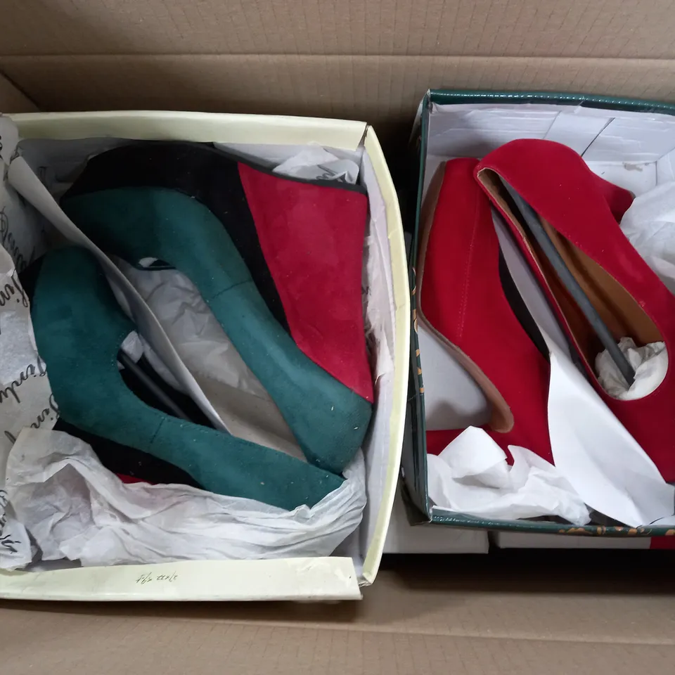 APPROXIMATELY 7 BOXED PAIRS OF SHOES TO INCLUDE ODEON WEDGE ANKLE BOOTS IN SIZE 7, ODEON TAN SUEDE SHOES IN SIZE 5