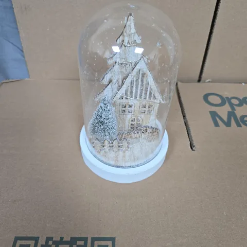 BATTERY POWERED SNOW GLOBE WITH WINTER VILLAGE SCENE INSIDE GLASS DOME ON WHITE BASE
